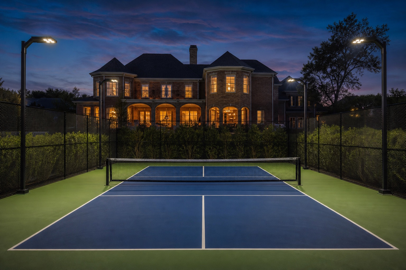 Completed backyard pickleball court illuminated at dusk